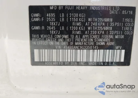 2016 Subaru Outback 2.5I Limited из США, поврежденный, VIN 4S4BSANC9G3350145